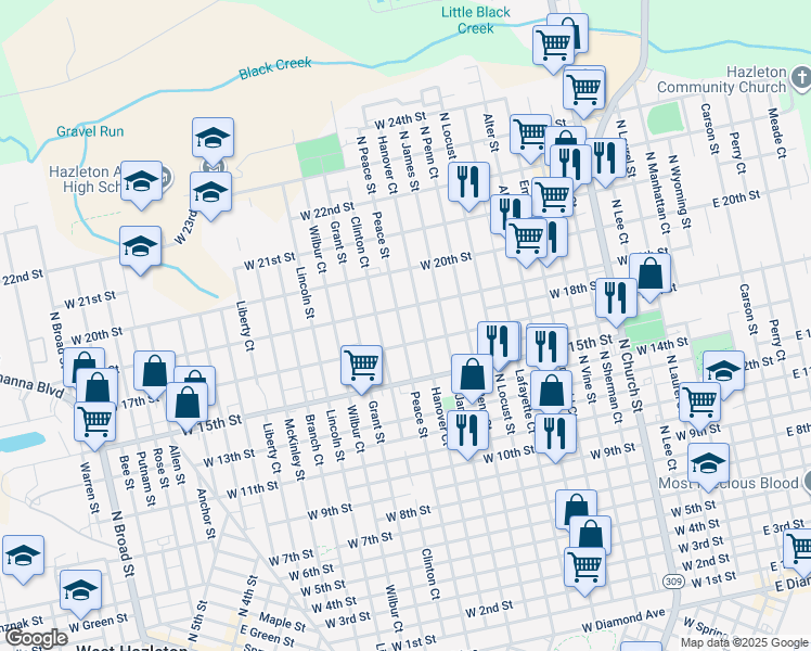 map of restaurants, bars, coffee shops, grocery stores, and more near 871 Peace Street in Hazleton