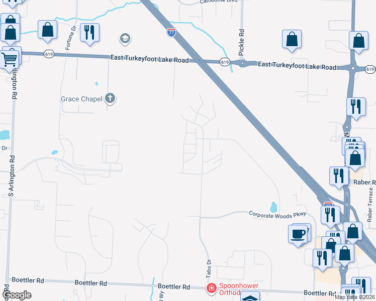 map of restaurants, bars, coffee shops, grocery stores, and more near 3395 Molly Drive in Akron