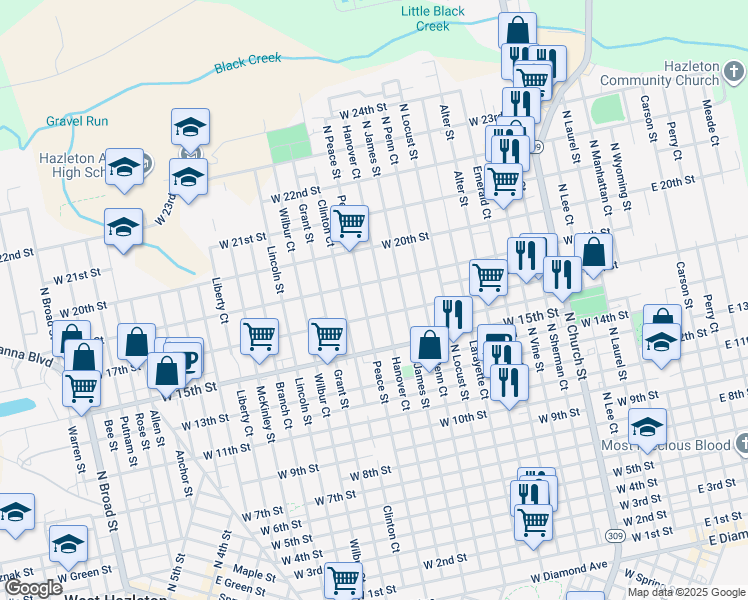 map of restaurants, bars, coffee shops, grocery stores, and more near 871 Peace Street in Hazleton