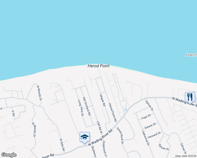 map of restaurants, bars, coffee shops, grocery stores, and more near 155 Herod Point Road in Wading River
