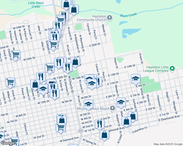 map of restaurants, bars, coffee shops, grocery stores, and more near 17 East 14th Street in Hazleton