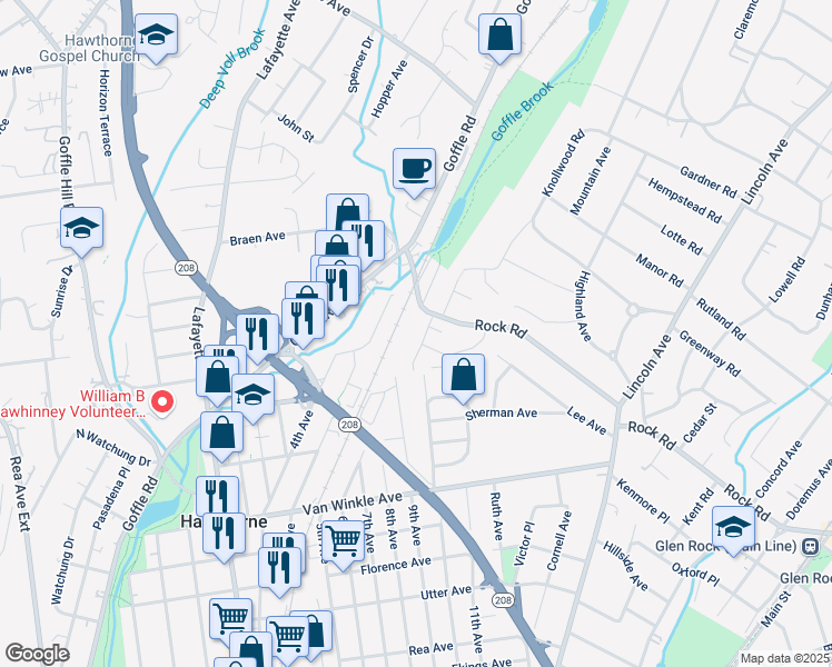 map of restaurants, bars, coffee shops, grocery stores, and more near 387 4th Avenue in Hawthorne