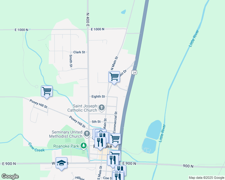 map of restaurants, bars, coffee shops, grocery stores, and more near 844 Locust Dr in Roanoke