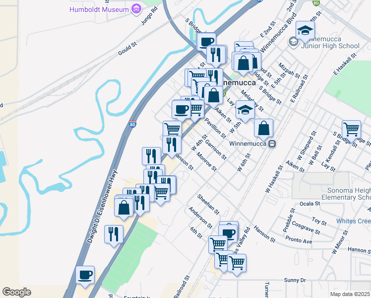 map of restaurants, bars, coffee shops, grocery stores, and more near 637 West 4th Street in Winnemucca