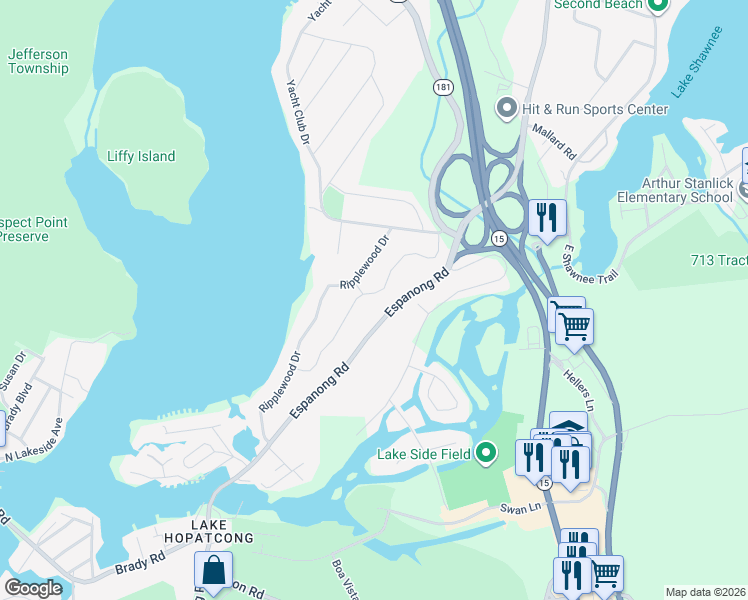 map of restaurants, bars, coffee shops, grocery stores, and more near 38 Woodlawn Terrace in Jefferson