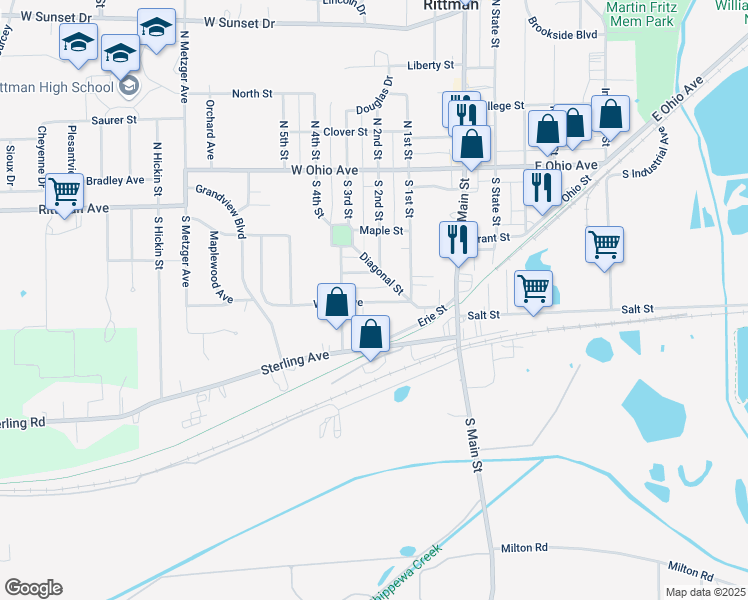 map of restaurants, bars, coffee shops, grocery stores, and more near 116 West Hill Avenue in Rittman