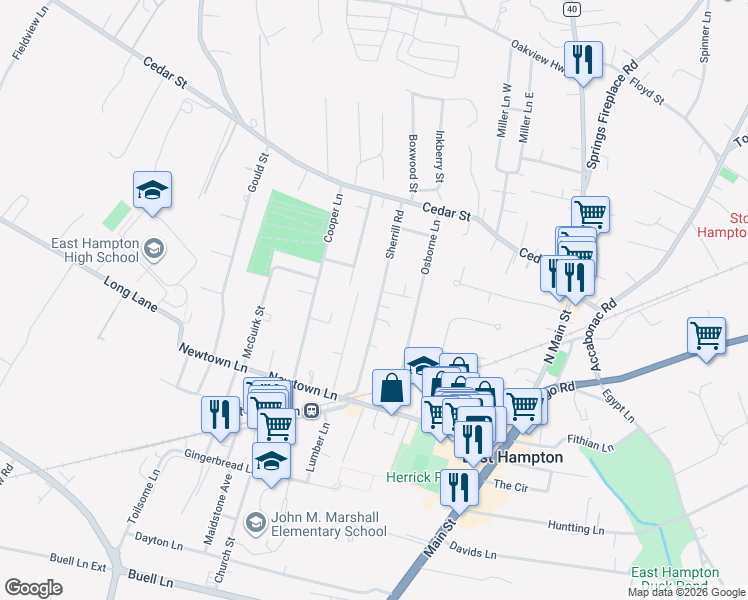 map of restaurants, bars, coffee shops, grocery stores, and more near 46 Sherrill Road in East Hampton