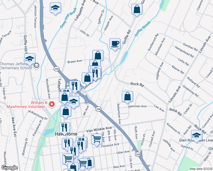 map of restaurants, bars, coffee shops, grocery stores, and more near 395 North 4th Avenue in Hawthorne
