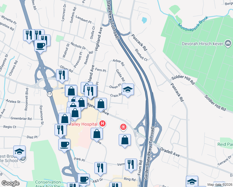 map of restaurants, bars, coffee shops, grocery stores, and more near 108 Crain Road in Paramus