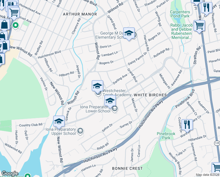 map of restaurants, bars, coffee shops, grocery stores, and more near 6 Darling Avenue in New Rochelle