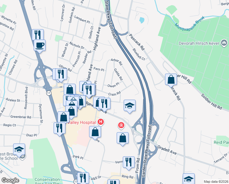 map of restaurants, bars, coffee shops, grocery stores, and more near 108 Crain Road in Paramus