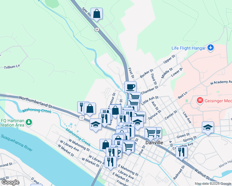 map of restaurants, bars, coffee shops, grocery stores, and more near 77 Montour Row in Danville