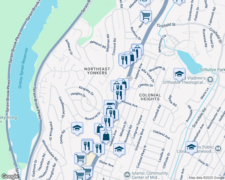 map of restaurants, bars, coffee shops, grocery stores, and more near 2013 Central Park Avenue in Yonkers