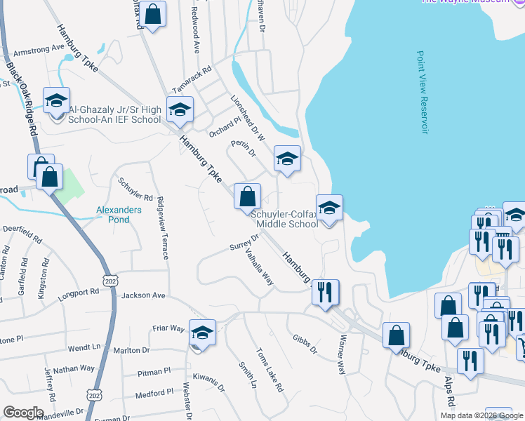 map of restaurants, bars, coffee shops, grocery stores, and more near 1621 Hamburg Turnpike in Wayne
