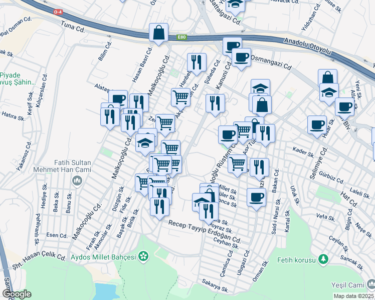 map of restaurants, bars, coffee shops, grocery stores, and more near Kanuni Caddesi in Sancaktepe