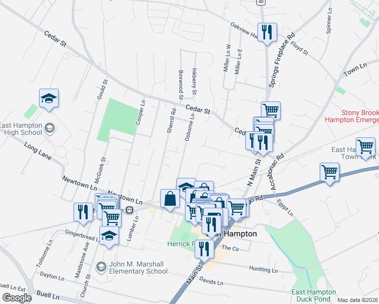 map of restaurants, bars, coffee shops, grocery stores, and more near 46 Osborne Lane in East Hampton