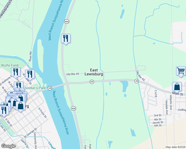 map of restaurants, bars, coffee shops, grocery stores, and more near State Highway 45 in Milton