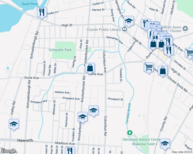 map of restaurants, bars, coffee shops, grocery stores, and more near 296 Durie Avenue in Closter