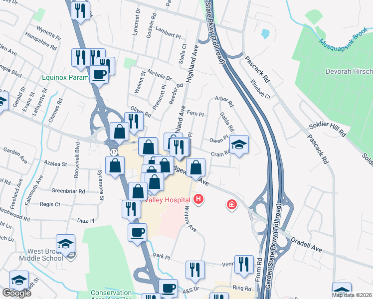 map of restaurants, bars, coffee shops, grocery stores, and more near 68 Bush Place in Paramus