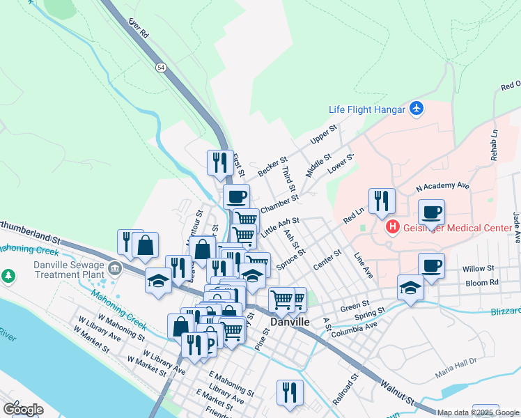 map of restaurants, bars, coffee shops, grocery stores, and more near 315 Chamber Street in Danville