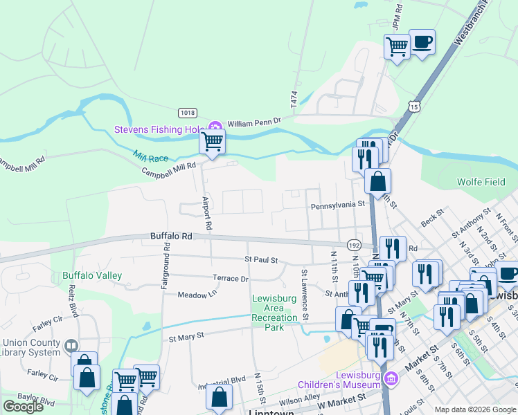 map of restaurants, bars, coffee shops, grocery stores, and more near 743 Edison Avenue in Lewisburg