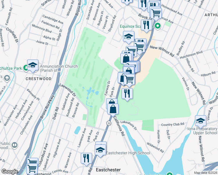 map of restaurants, bars, coffee shops, grocery stores, and more near 180 Park Drive in Eastchester