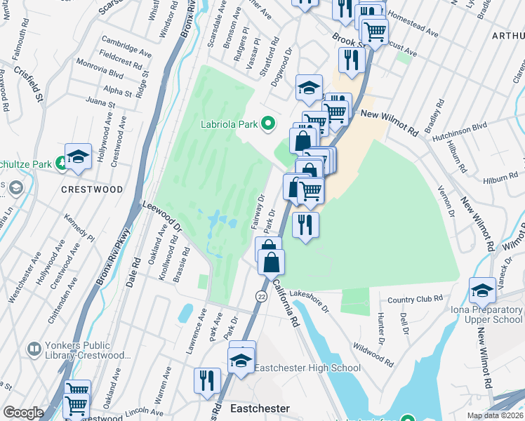 map of restaurants, bars, coffee shops, grocery stores, and more near 180 Park Drive in Eastchester