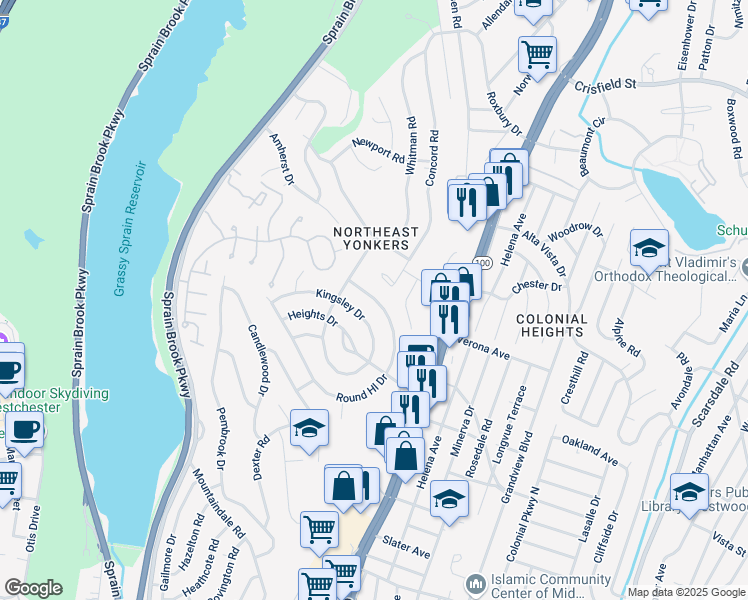 map of restaurants, bars, coffee shops, grocery stores, and more near 42 Roundhill Drive in Yonkers