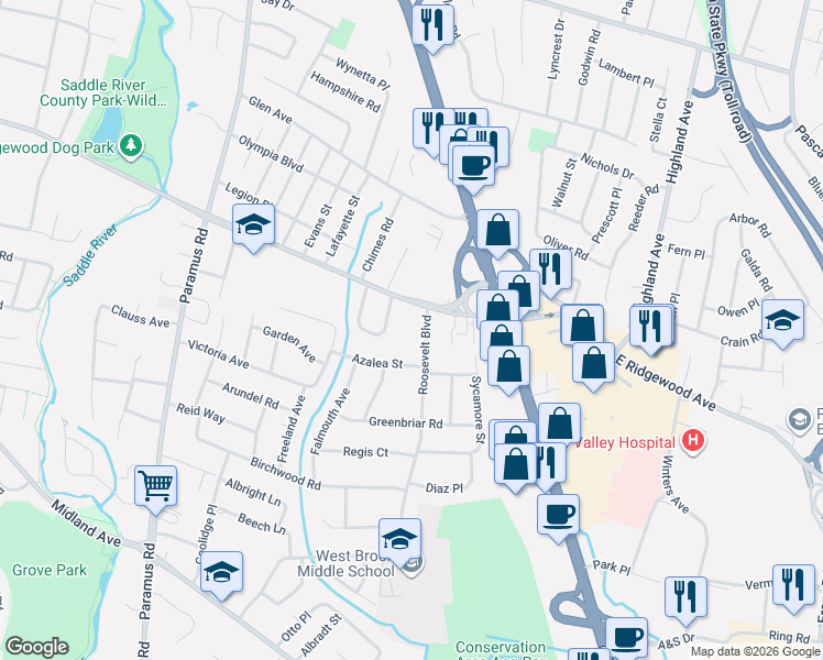 map of restaurants, bars, coffee shops, grocery stores, and more near 677 Roosevelt Boulevard in Paramus