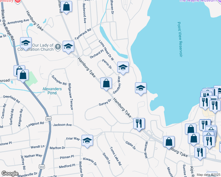 map of restaurants, bars, coffee shops, grocery stores, and more near 1621 Hamburg Turnpike in Wayne