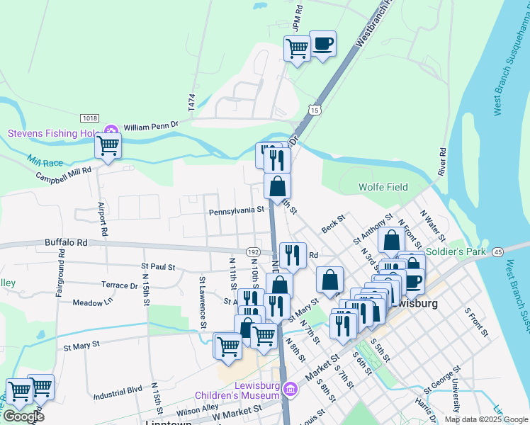 map of restaurants, bars, coffee shops, grocery stores, and more near 515 North Derr Drive in Lewisburg