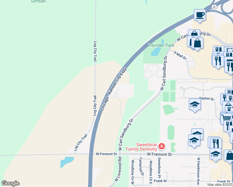map of restaurants, bars, coffee shops, grocery stores, and more near Chicago–Kansas City Expressway in Galesburg