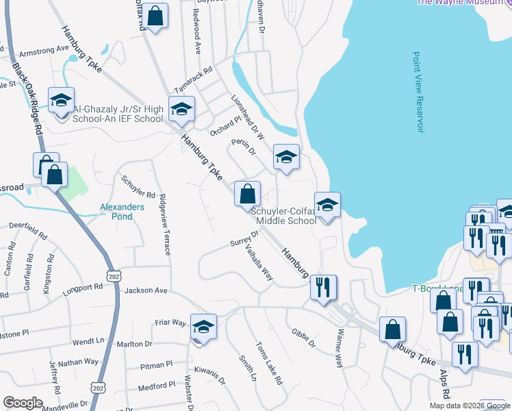 map of restaurants, bars, coffee shops, grocery stores, and more near 11 Parkside Court in Wayne