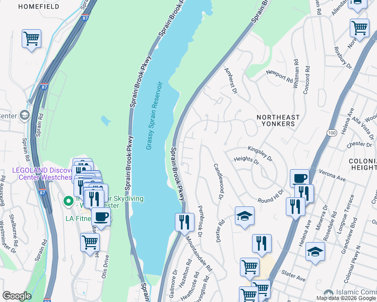 map of restaurants, bars, coffee shops, grocery stores, and more near in Yonkers