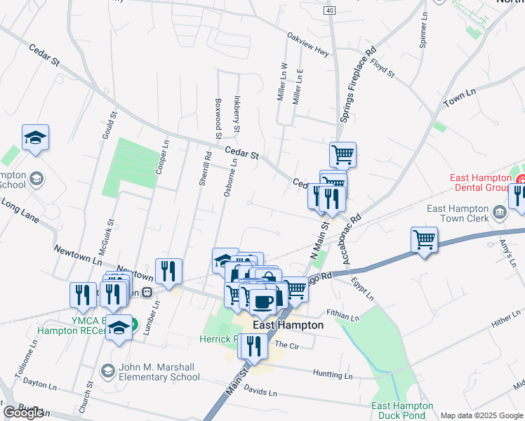 map of restaurants, bars, coffee shops, grocery stores, and more near 41 Talmage Lane in East Hampton