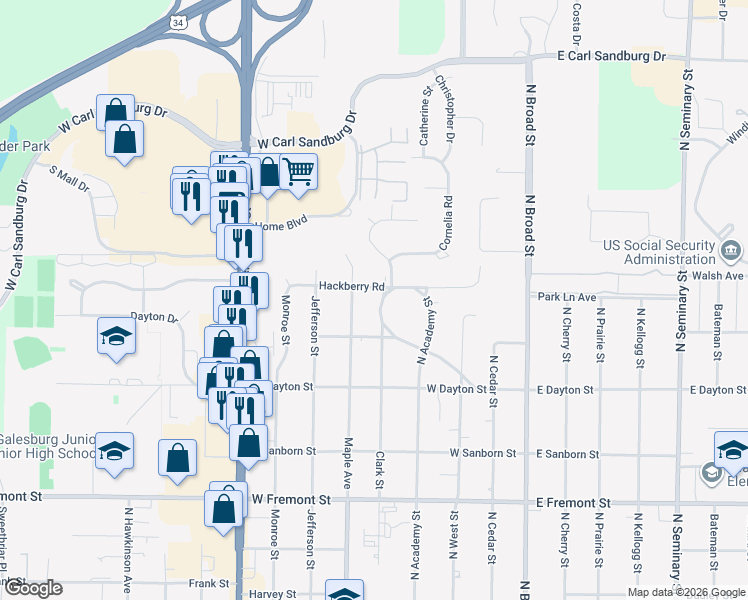 map of restaurants, bars, coffee shops, grocery stores, and more near 1601-1799 Maple Avenue in Galesburg