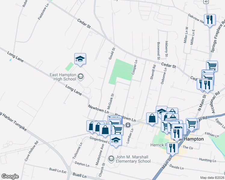 map of restaurants, bars, coffee shops, grocery stores, and more near 35 McGuirk Street in East Hampton