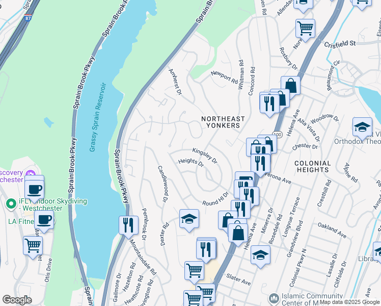 map of restaurants, bars, coffee shops, grocery stores, and more near 135 Heights Drive in Yonkers