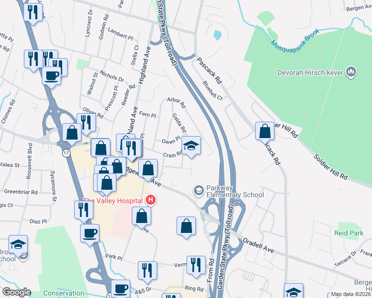 map of restaurants, bars, coffee shops, grocery stores, and more near 128 Owen Place in Paramus