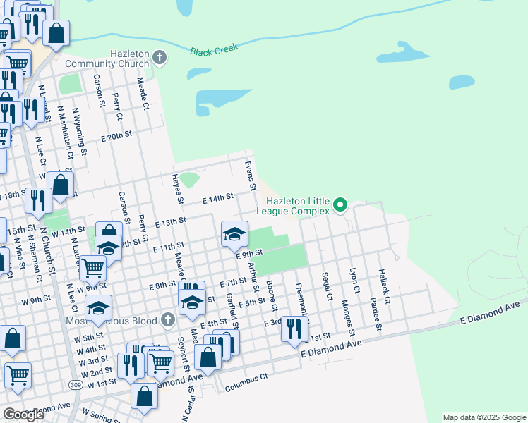 map of restaurants, bars, coffee shops, grocery stores, and more near 745 Evans Street in Luzerne County