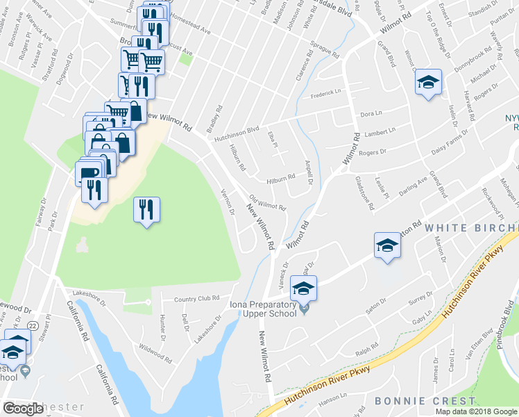map of restaurants, bars, coffee shops, grocery stores, and more near 3 Hanfling Road in Scarsdale