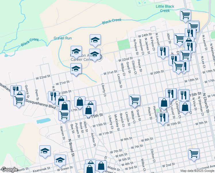 map of restaurants, bars, coffee shops, grocery stores, and more near 942 McKinley Street in Luzerne County