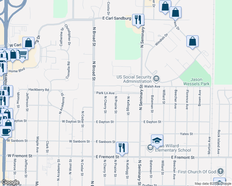 map of restaurants, bars, coffee shops, grocery stores, and more near 1799 N Prairie St in Galesburg