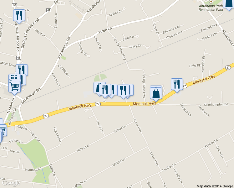 map of restaurants, bars, coffee shops, grocery stores, and more near 241 Pantigo Road in East Hampton