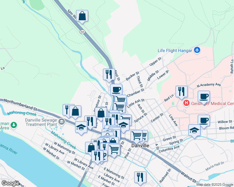 map of restaurants, bars, coffee shops, grocery stores, and more near 1549 Leighow Street in Danville