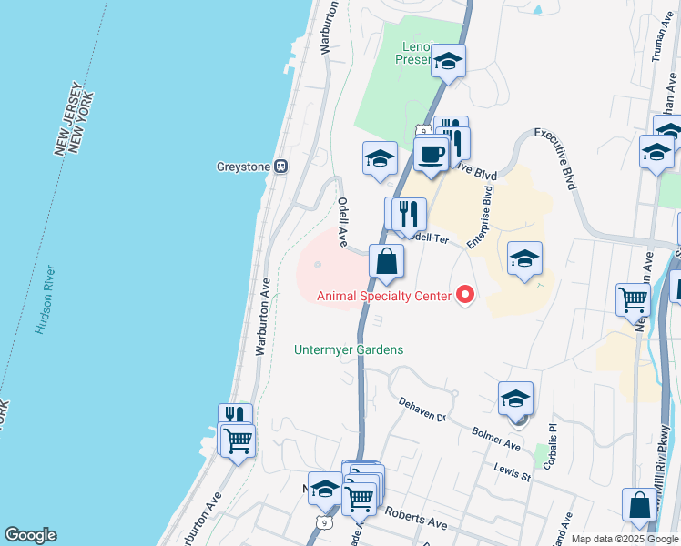 map of restaurants, bars, coffee shops, grocery stores, and more near 967 North Broadway in Yonkers