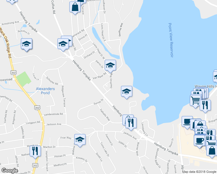 map of restaurants, bars, coffee shops, grocery stores, and more near 35 Parkside Court in Wayne