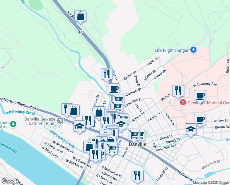 map of restaurants, bars, coffee shops, grocery stores, and more near 1549 Leighow Street in Danville