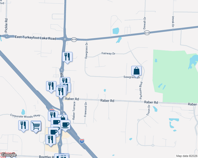 map of restaurants, bars, coffee shops, grocery stores, and more near 1734 Sawgrass Drive in Uniontown