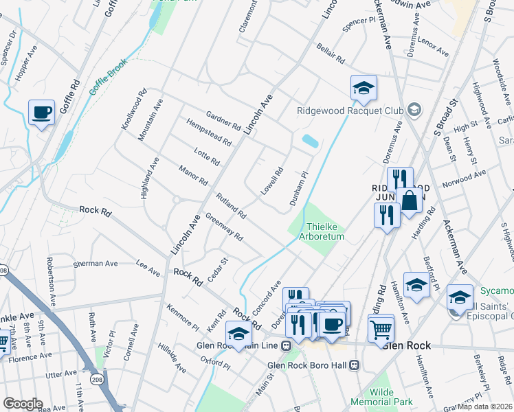 map of restaurants, bars, coffee shops, grocery stores, and more near 16 Plymouth Road in Glen Rock